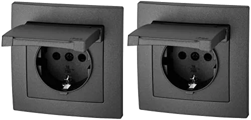 2er Pack, Unterputz Steckdose IP44, Steckklemme, All-in-One, Serie ET-1 anthrazit