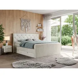 KING VELEN Doppelbett 140x200cm mit Multipocket-Matratze - Beige Boxspringbett mit geräumigen Bettkästen und hochwertigem T25-Topper für optimalen Schlafkomfort und Stauraum.