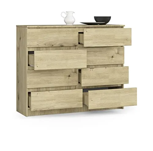 BDW Kommode, 8 Schubladen, viel Stauraum, Kleiderschrank, Flur, Badezimmerschrank, Kommode, Multifunktionsschrank. Abmessungen: 120 x 99 x 40 (Eiche Artisan)