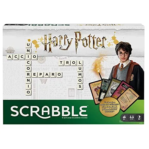 Mattel® Scrabble Harry Potter-Edition (Spanisch) - Gesellschaftsspiel - Erlebe das klassische Scrabble-Spiel in der magischen Harry Potter-Edition! Ideal für 2-4 Spieler ab 10 Jahren, fördert das Sprachverständnis und sorgt für spannende Spielstunden.