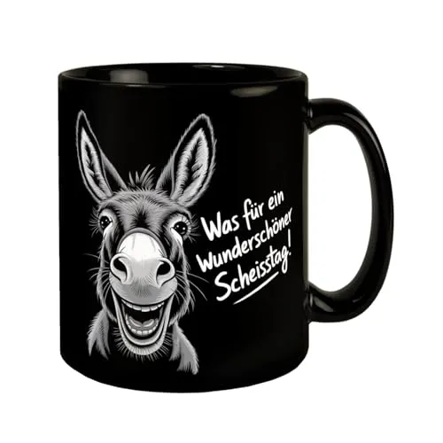 Lächelnder Esel Tasse - Wunderschöner Scheisstag Kaffeebecher in Schwarz mit humorvoller Skizze eines lächelnden Esels - einzigartiges Geschenk