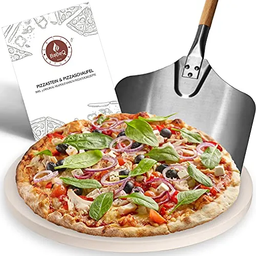 BABEQ - Pizzastein für Grill & Backofen inkl. Pizzaschieber - Pizza-Ofen-Stein rund Ø 38cm 1,5cm dick mit Pizzaschaufel - Cordierit Steinplatte für Gasgrill, Elektrogrill, Holz-Kohlegrill & Backofen