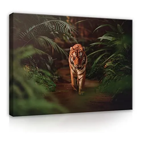 WallArena - Leinwand Bilder - Tiger Tiere Wald Dschungel - 120x80 cm Leinwandbilder - Bild auf leinwand - Wandbild XXL groß Wandbilder für Wohnzimmer Schlafzimmer Wohnzimmerbilder Modern