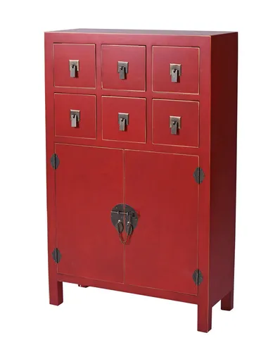 China Highboard Kommode Rot - Orientalischer Hochschrank mit 6 Schubladen, fertig montiert und ideal für stilvolle Wohnzimmergestaltung.