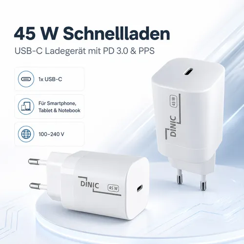 USB-C Ladegerät 45W PD 3.0 PPS Netzteil Samsung Galaxy iPhone DINIC weiß