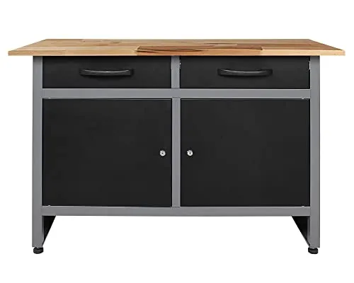 Ondis24 Werkbank aus Metall Werner 120 cm - Hochwertige Hobelbank mit 120 cm Buchenholzarbeitsplatte, ideal für Heimwerker und Wintersportler. Mit 2 Schubladen und 2 Türen für optimale Werkzeugorganisation und stabiler Stand durch höhenverstellbare Füße.