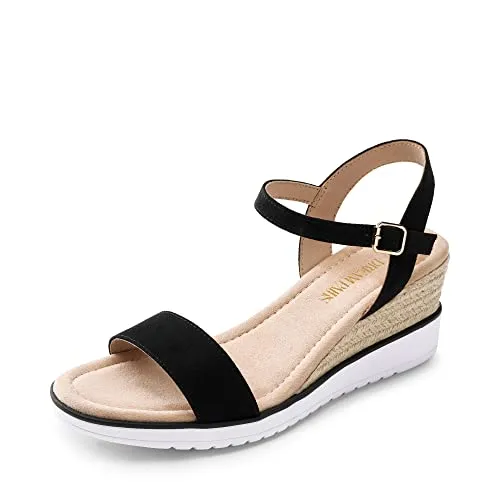 DREAM PAIRS Damen-Espadrilles mit offener Zehenpartie, Elegante Plateau-Sandalen zum Hineinschlüpfen, elastische Knöchelriemen, Keilabsatz-Sandalen,Size 38,Schwarz,SDPW2342W-E