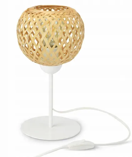 Luxolar Tischlampe LED E27 60W – Boho Nachttischlampe Weiß & Natur – Bambus handgeflochten – Stecker & Schalter – für Schlafzimmer & Wohnzimmer