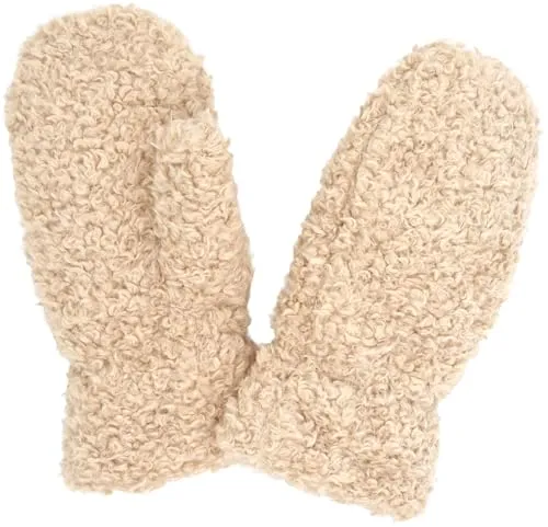 styleBREAKER Damen Teddy Fäustlinge mit Fleece Futter | Kuschelige Winter Fausthandschuhe Einfarbig mit Gummibund | Warme Kunstfell Fake Fur Handschuhe, Farbe:Beige