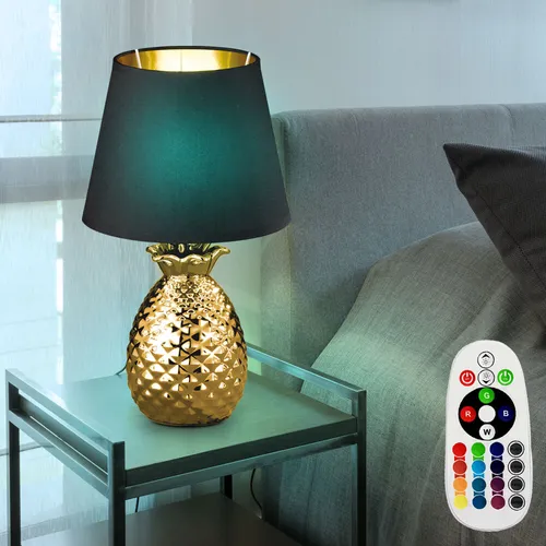 Textil Nacht Tisch Lampe Ananas-Design mit Fernbedienung - Tischleuchte im Ananas-Design aus Keramik, dimmbar mit RGB LED Leuchtmittel für stimmungsvolle Beleuchtung. Ideal als stilvolles Accessoire für jeden Raum.