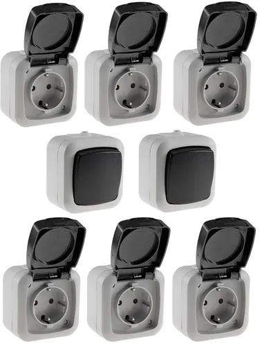 Aufputz Starter-Kit Schalter & Steckdosen IP44 - Steckdosen & Buchsen, spritzwassergeschützt und ideal für Feuchträume, sorgt für Sicherheit und Funktionalität in Ihrem Zuhause.