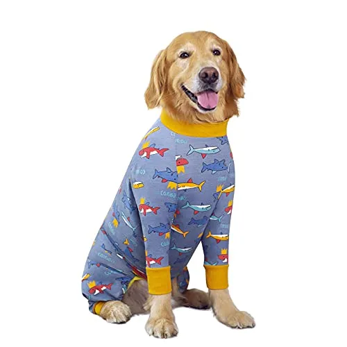 Hunde-Rehabilitationsanzug nach Operationen, weiche, langärmelige Hunde-Neuter-Shirt, konische Alternativen, verhindert Lecken, chirurgische Einteiler für große und mittelgroße (4XL, Hai)