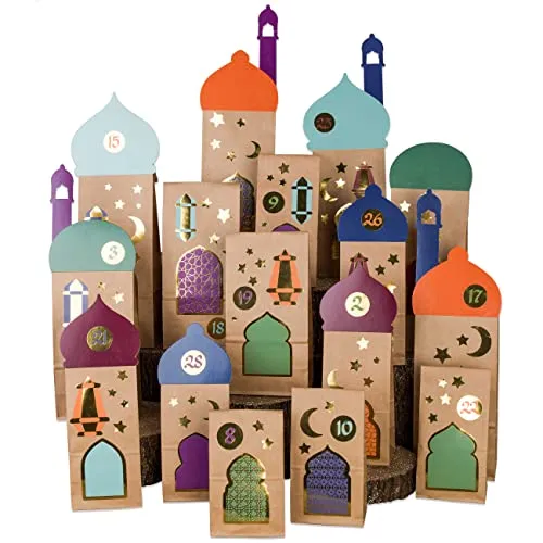 Papierdrachen 30 Ramadan-Geschenktüten mit Aufklebern und vorgestanzten Teilen - Bastelset - Eid Mubarak - Islamische muslimische Dekoration - mit goldenen Stickern - Deko und Kalender für Kinder