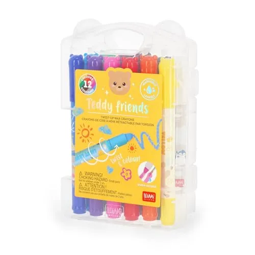 LEGAMI – 12er-Set Teddy Friends Wachsmalstifte, drehbar, weicher Strich und intensive Farben, abwaschbar, 8-mm-Spitze, muss nicht gespitzt werden, 1,6 x 13,3 x 1,8 cm