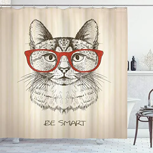 ABAKUHAUS Cartoon Duschvorhang - Katze mit Retro Brillen - Duschvorhang aus hochwertigem 100% Polyester, wasserabweisend und waschmaschinenfest. Inklusive 12 Haken, 175 x 200 cm, einzigartiges Design mit lebendigen Farben für ein stylisches Badezimmer.