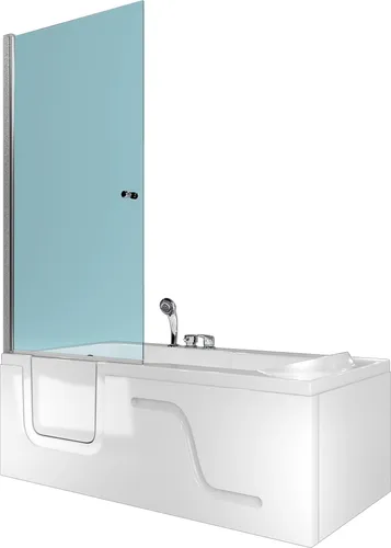 Seniorendusche mit Sitzwanne S17D-EH-R-EC 75x150cm - Duschbadewanne mit seitlicher Tür für sicheren Einstieg, ideal für Senioren und Menschen mit eingeschränkter Mobilität. Aus hochwertigem Sanitär-Acryl für Stabilität und Komfort.