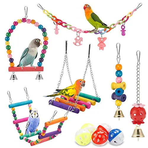 lovyoCoCo Vogelsittich-Spielzeug, Schaukel, hängend stehend, Kauspielzeug, Hängematte, Kletterleiter, Vogelkäfig, buntes Spielzeug, geeignet für Wellensittiche, Sittiche, Liebesvögel, Finken