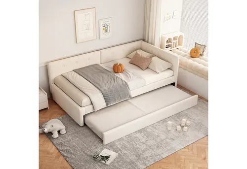 Redom Tagesbett Beige 90x200 cm mit ausziehbarem Rollbett - Modernes Tagesbett in Beige mit gepolstertem Samtbezug, ideal für Gästezimmer oder kompakte Wohnräume. Die ausziehbare Liegefläche bietet zusätzlichen Schlafplatz und passt sich flexibel an Ihre Bedürfnisse an.
