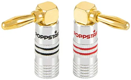 Poppstar 2X High End Bananenstecker gewinkelt (bis 6 mm², 24k vergoldete Kontakte, 1x schwarz, 1x rot)