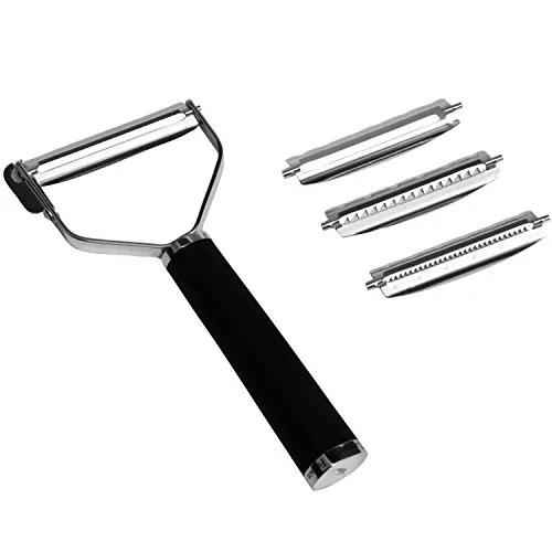 KAI Michel Bras Universalschäler - 4 Klingen für vielseitiges Schälen - Schäler mit 4 Wechselklingen für glattes und Julienne-Schneiden. Ergonomischer T-Griff für müheloses Arbeiten in der Küche.