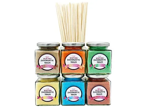 Zuckerwatte Zucker 6 x 175 Gramm im Glas für Zuckerwattemaschine Inkl.50 Zuckerwattestäbe | Bunter Premium Aroma-Zucker