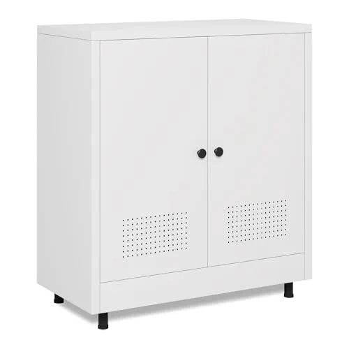 JINKUR Aktenschrank Büroschrank Lagerschrank Metallschrank Stahlschrank Mehrzweckschrank Buffetschrank Flurschrank, Aufbewahrungsschrank aus Metall mit Verstellbarem Regal (Weiß)