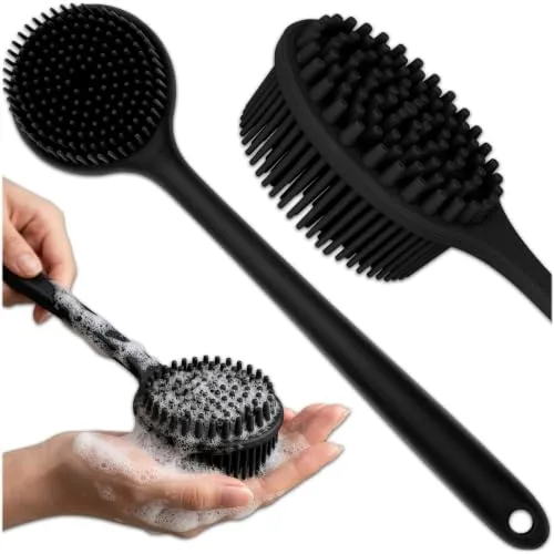 KRUMAD Silikon Rückenbürste Dusche, Bürste, Scrubber, Badebürste | Weiches Silikon, 140g, mit 38 Zoll Langer, Schwarz, Doppelseitig, Rutschfester Griff, Tiefenreinigung, leichte Bauweise