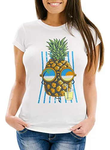 Neverless Damen T-Shirt Chilling Ananas Pinapple Sommer Beach Cocktail Slim Fit Weiss S