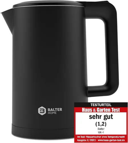 Balter Wasserkocher Edelstahl WK-4, 1,7 Liter - Eleganter Teekocher mit Doppelwand Design - Wasserkocher in elegantem Design, 1,7 Liter Kapazität, BPA-frei und mit wärmeisolierender Soft-Touch Oberfläche für sicheren Gebrauch.