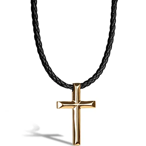 SERASAR Herren Lederkette mit Kreuz Anhänger - 60cm Gold - Ketten für Herren - Elegante goldene Halskette aus echtem Rindsleder mit einem abnehmbaren Edelstahl-Anhänger, ideal als Geschenk in einer stilvollen Schmuckschatulle.