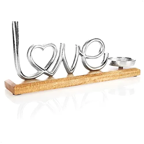 com-four® Kerzenhalter mit Deko-Figur - Dekorativer Kerzenständer aus vernickeltem Aluminium mit Mangoholz-Sockel - Teelichthalter für Kerzen Aller Art (Love - L)
