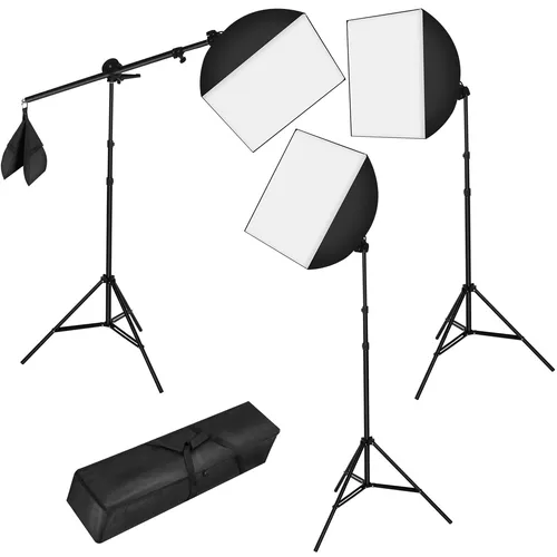 tectake® Profi Fotostudio Set mit 3x Studioleuchte und Softbox - Studiosets für Fotostudios, inklusive vielseitigem Galgenstativ und Softbox für weiches, diffuses Licht – perfekt für professionelle Foto- und Videoaufnahmen.