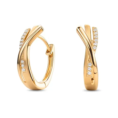 MIORE Schmuck, Ohrringe Silber 925, Creolen Silber Vergoldet 18k Gold mit Zirkonia, gekreuzte Kreolen, runde Hoops Ohrringe Damen, Ohrschmuck