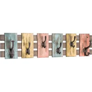 Haku-Möbel Kleiderhaken Edith, bunt vintage - Wandgarderobe aus Massivholz mit 6 Doppel-Haken in Vintage-Optik. Ideal für einen stilvollen Eingangsbereich und praktische Aufbewahrung.