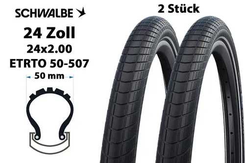 Schwalbe Big Apple 24 Zoll Fahrradreifen (2er Set) - 2 Stück 24 Zoll Schwalbe Big Apple Reifen für City-, Trekking- und E-Bikes. Mit RaceGuard Pannenschutz und Reflexstreifen für mehr Sicherheit. Ideal für eine komfortable Fahrt ohne zusätzliche Federung.