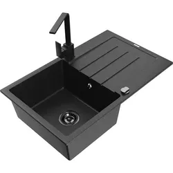 Mexen Bruno Granitspüle 1 Becken mit Abtropffläche und Mischbatterie Rita, Schwarz/Silbermetallic