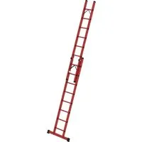 Sprossen-Schiebeleiter 2-teilig GFK mit Standard-Traverse 2x8 Sprossen - Leitern aus GFK mit hoher Altersbeständigkeit, ideal für Arbeiten in der Nähe von Spannungsquellen. Maximale Belastung von 150 kg und geprüft nach DIN EN 131 für Sicherheit und Zuverlässigkeit.