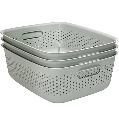 KONZEPT 3er Set Aufbewahrungsbox 10l, Aufbewahrungskorb aus Kunststoff mit Griff, perforierte, grünlich Boxen zur Aufbewahrung