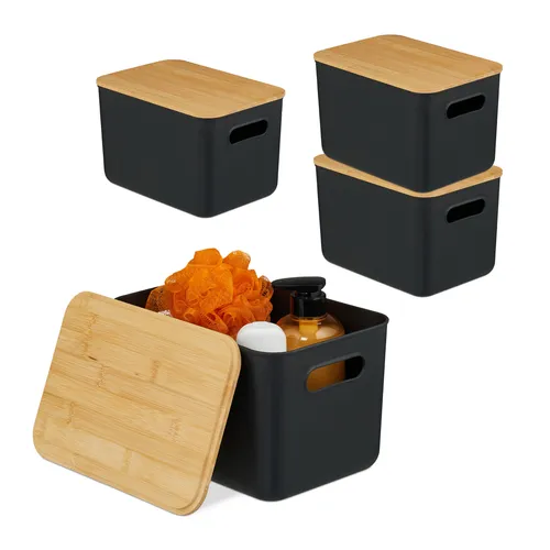 Relaxdays Aufbewahrungsbox 4er Set aus Kunststoff und Bambus - Praktisches 4er Set Aufbewahrungsboxen, ideal für Ordnung in jedem Raum. Mit Deckel und seitlichen Griffen für einfachen Transport. Maße HBT: ca. 16x26x17,5 cm – perfekt für Kosmetik, Spielzeug und mehr.