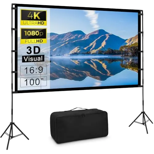 Beamer Leinwand Mit Stativ, 100 Zoll Projektor Tragbare Outdoor Kino, Faltenfrei 16:9 HD Rear Front Garten Projektion Mit Tragetasche Für Camping Home Party Theater Nächte