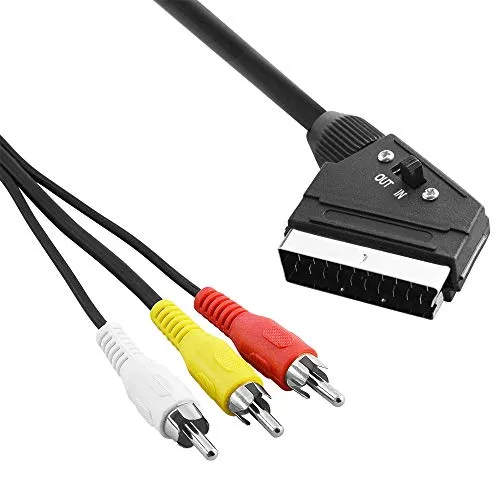 BestPlug 5 Meter Audio Video Kabel mit Schalter, 3 Cinch Stecker auf 1 Scart Stecker, Schwarz
