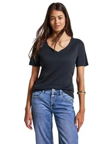 STREET ONE Damen T-Shirt 3227205 mit Herzausschnitt, Deepwater Blue, Größe 42 - T-Shirts für Damen mit Doppellagiger Front für blickdichte Qualität, ideal für vielseitige Outfits, aus softem Baumwoll-Modalmix für höchsten Tragekomfort.