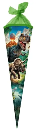 goldbuch 98 157 Schultüte 85 cm Vulkan, Zuckertüte 6-eckig, Geschenktüte mit Dinosaurier-Motiv, Geschenkverpackung aus Lackkarton, Einschulungstüte mit Netzverschluss, ca. 85 x 24 x 20 cm, bunt