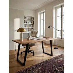 Massiver Schreibtisch 160x80 cm aus Akazie mit Baumkante - Homeoffice Bürotisch - Kompakter Schreibtisch aus handgefertigtem Akazienholz mit charakteristischer Baumkante. Stabilität durch U-förmige Metallbeine. Ideal für stilvolles Arbeiten im Homeoffice.