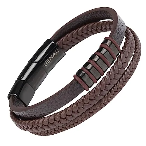 genac Armband für Herren aus hochwertigem Echtleder und Edelstahl mit abnehmbarem Magnetverschluss zum einfachen Einstellen der Länge des Schmucks, perfekt für eine tolle Geschenkidee (Braunes)