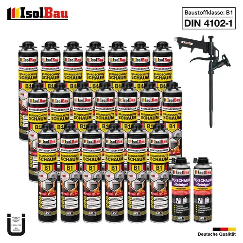 Brandschutzschaum B1 20x750ml mit Montageschaum & Reinigern - Hochwertiger Brandschutzschaum mit Feuerwiderstandsklasse B1. Ideal für Isolierung und Versiegelung, mit hoher Wärmedämmung und ausgezeichneter Haftung. Für Innen- und Außenbereiche geeignet.