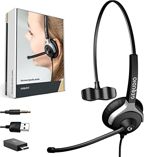 GEQUDIO 3-in-1 Business Headset mit USB-A, USB-C und 3,5mm Klinke kompatibel mit PC, Mac und Smartphone - Kopfhörer & Mikrofon Ersatz Polster - besonders leicht 60g (1-Ohr)