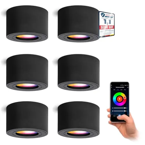 linovum 6 Stück SMOL-W LED Aufbauleuchte flach schwarz - Smartes 6er Set flacher Deckenleuchte in schwarz, IP44, ideal für Innen- und Außenbereiche. Steuerung per App oder Sprache, kompatibel mit Alexa und Google. Genießen Sie 16 Millionen Farben!