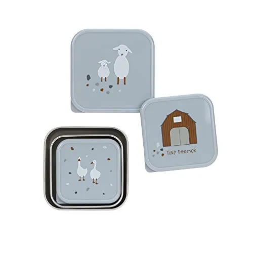 LÄSSIG Lunchbox Tiny Farmer, Blue - 3-tlg - Brotdosen aus Edelstahl und Polypropylen, geruchs- und geschmacksneutral, stapelbar und spülmaschinengeeignet - ideal für die gesunde Pausenverpflegung.