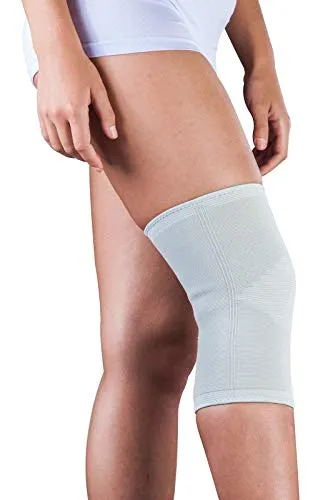 Produktbild LOREY Latexfreie Kniebandage für Frauen und Männer, Kniestütze aus elastischem 3D-Gestrick, Knieorthese für Fussball, Laufen oder Fitness, linkes und rechtes Knie, Grau, Silber, Größe XS